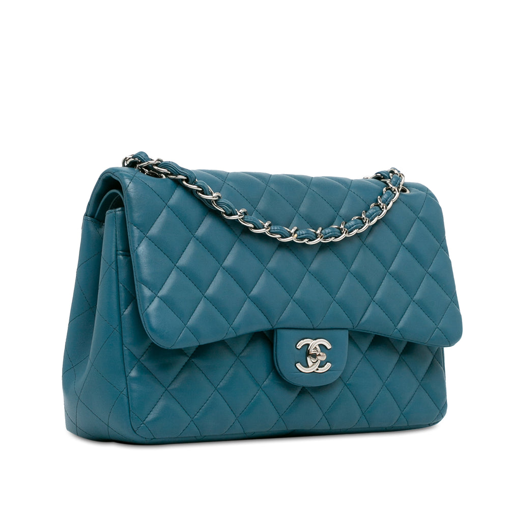 Jumbo Classic Lambskin Double Flap Blue - Gaby Paris