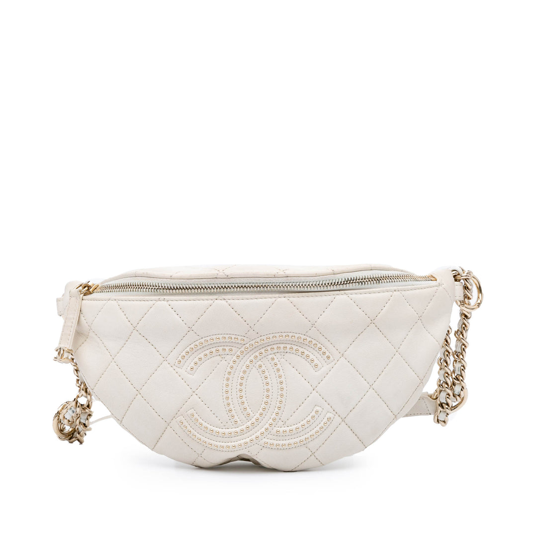 CC Quilted Lambskin Studded Logo Belt Bag White - Gaby Paris