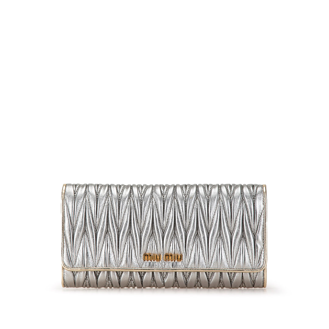 Metallic Lambskin Matelasse Continental Wallet Silver - Gaby Paris