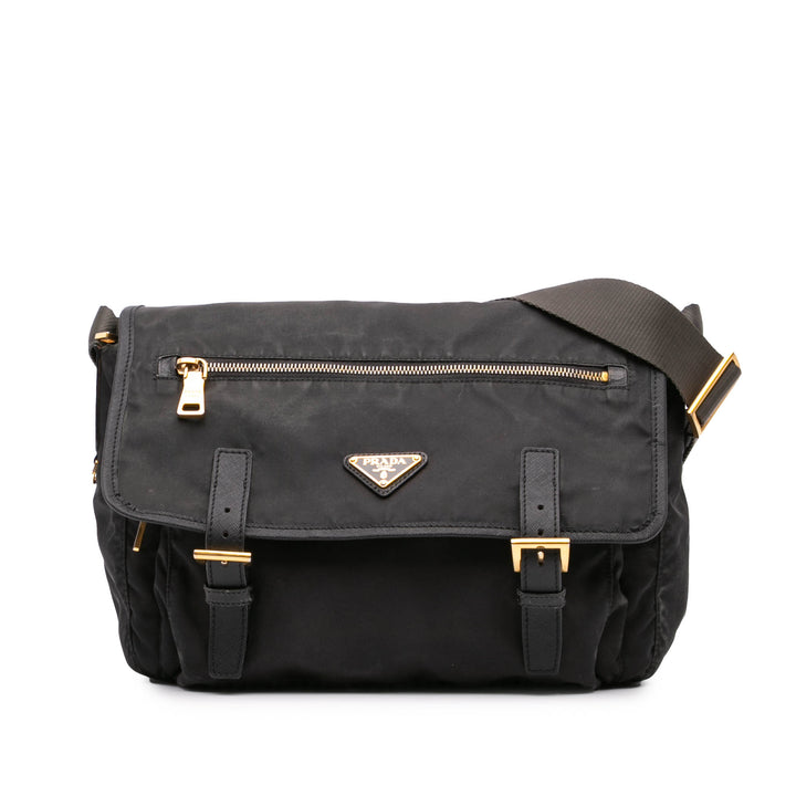 Saffiano Trimmed Tessuto Zip Double Buckle Messenger Bag Black - Gaby Paris