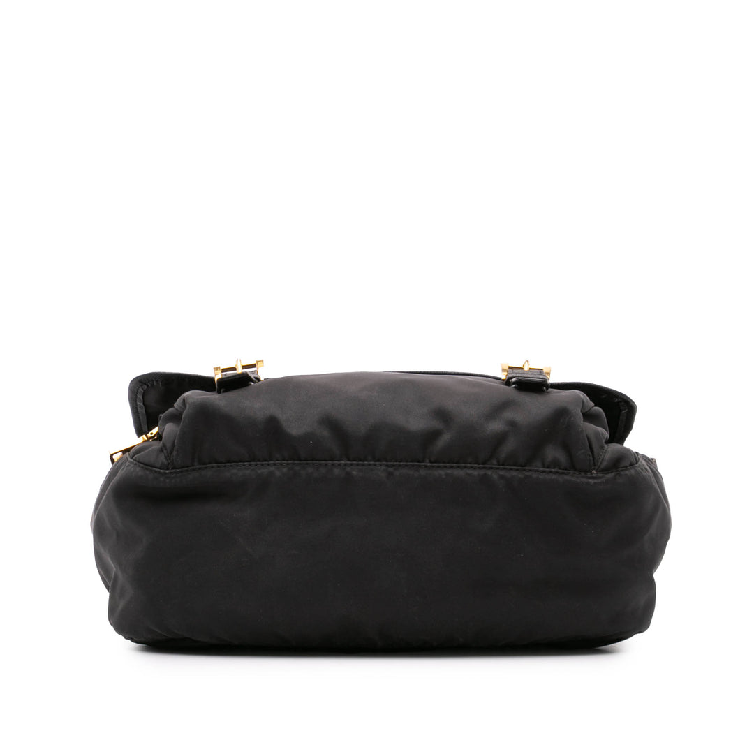 Saffiano Trimmed Tessuto Zip Double Buckle Messenger Bag Black - Gaby Paris