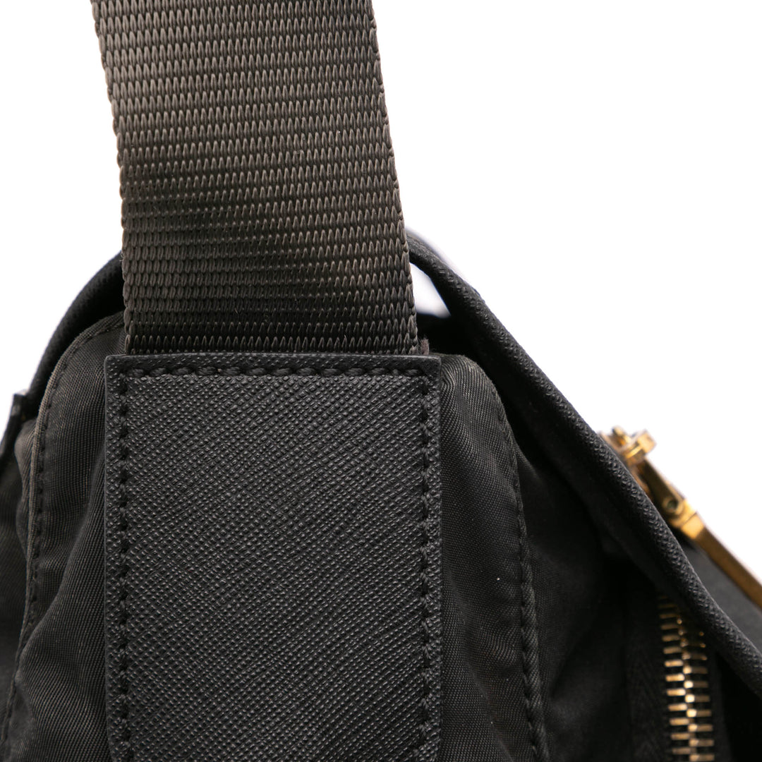 Saffiano Trimmed Tessuto Zip Double Buckle Messenger Bag Black - Gaby Paris