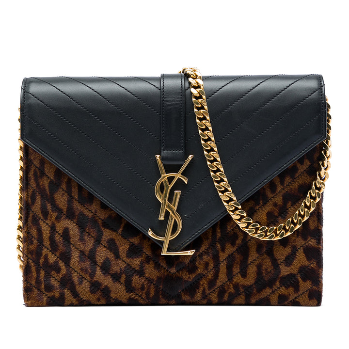 Saint Laurent Chevron et Leopard Imprimé Veau Hair Classic Enveloppe Sac Cuir de veau Noir – vue principale – GABY PARIS