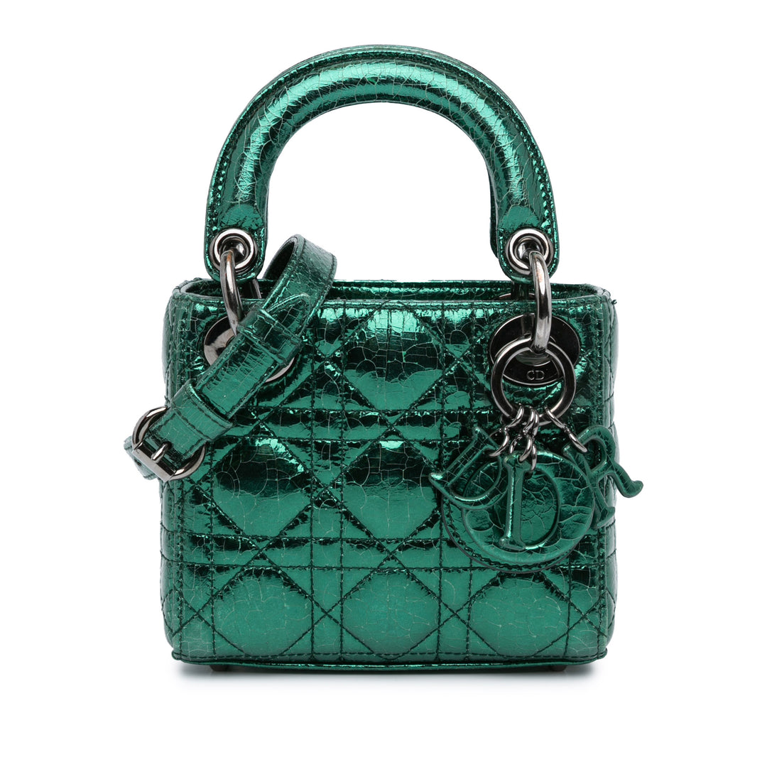 Micro Metallic Crinkled Calfskin Cannage Lady Dior Green - Gaby Paris