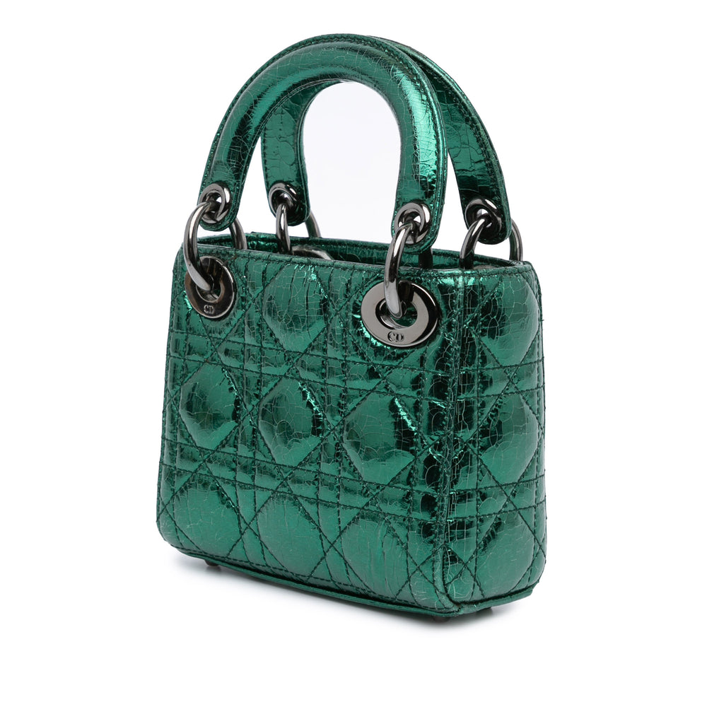 Micro Metallic Crinkled Calfskin Cannage Lady Dior Green - Gaby Paris