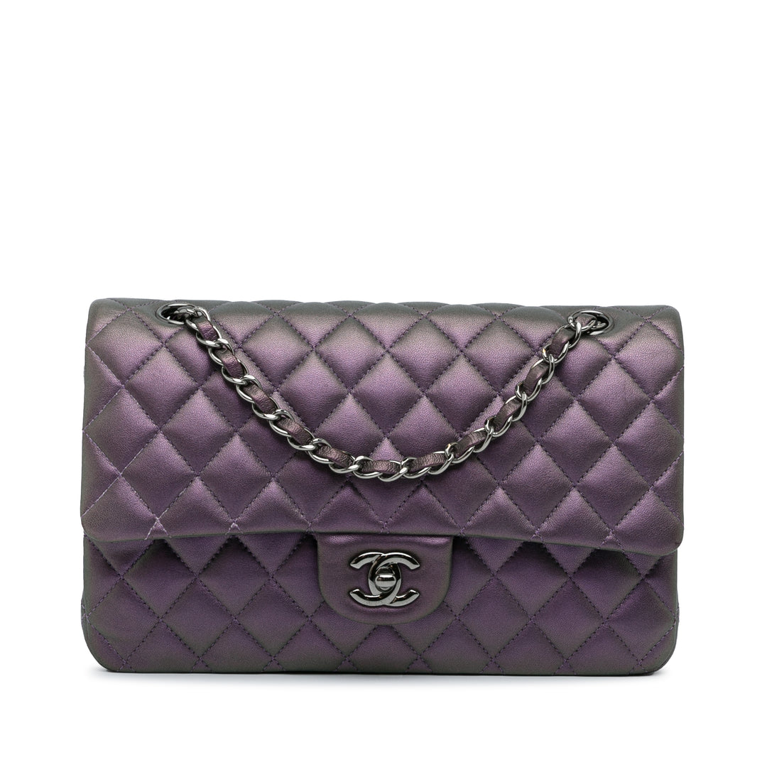 Medium Classic Iridescent Lambskin Double Flap Purple - Gaby Paris