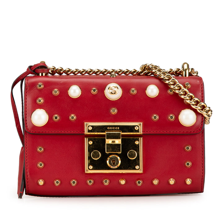 Small Pearl Studded Leather Padlock Crossbody Red - Gaby Paris