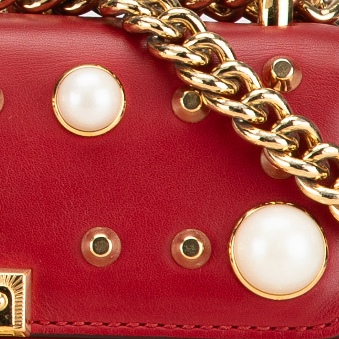 Small Pearl Studded Leather Padlock Crossbody Red - Gaby Paris