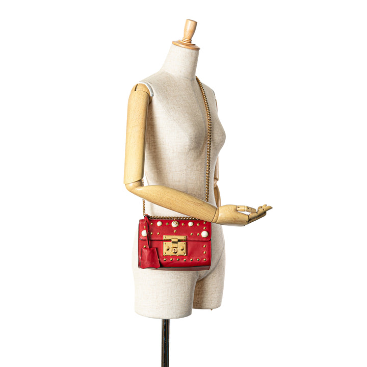 Small Pearl Studded Leather Padlock Crossbody Red - Gaby Paris