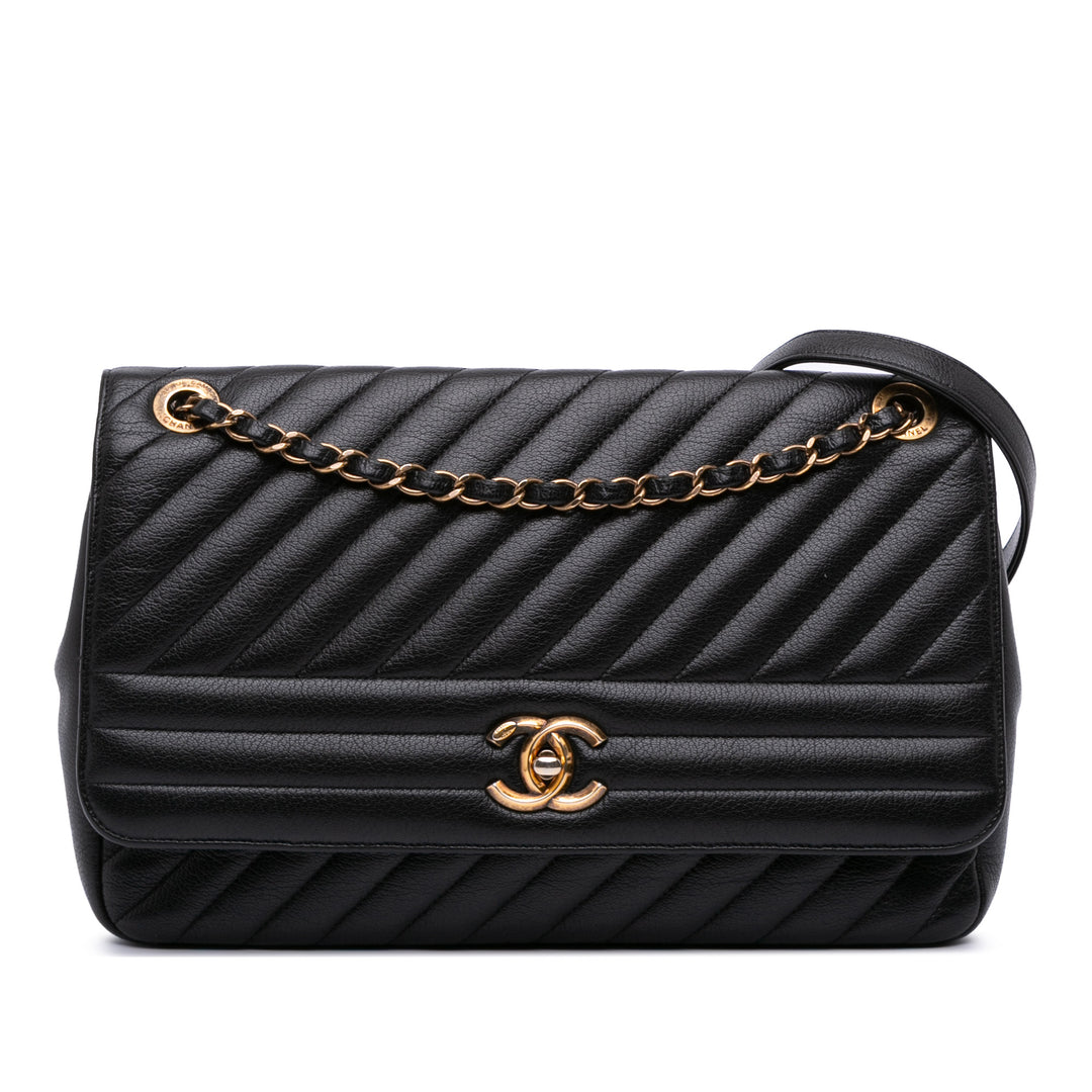 Large Diagonal Quilted Goatskin Flap Black - Gaby Paris