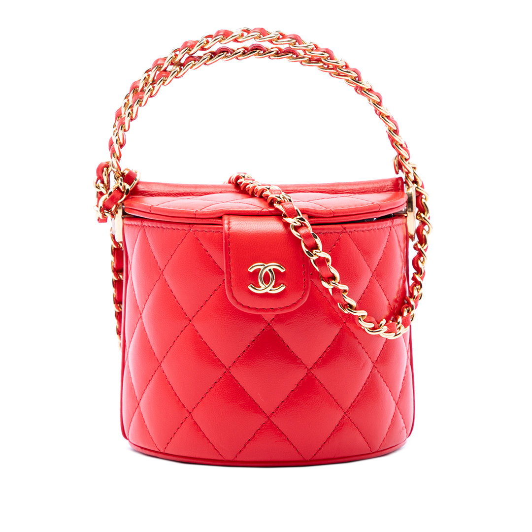 Chanel CC Matelassé Rond Vanity avec chaîne Cuir d'agneau Rouge