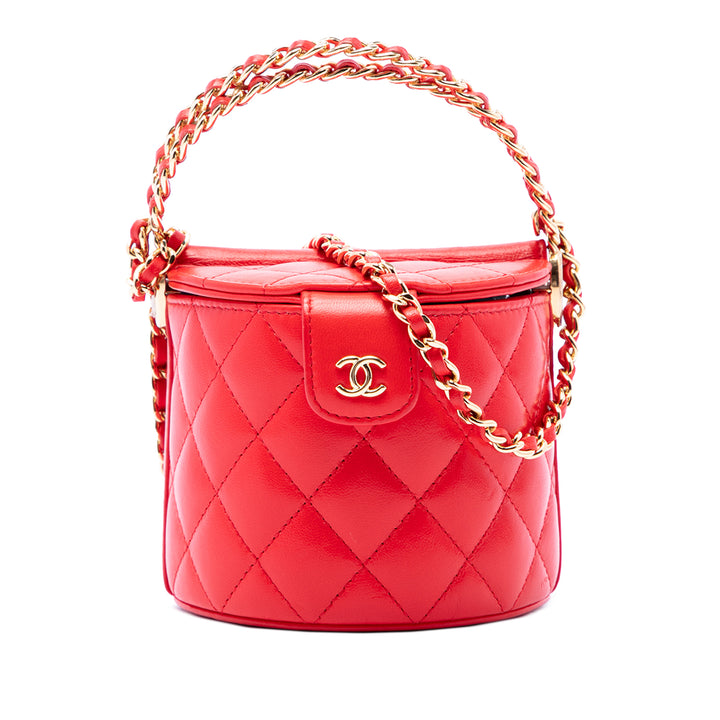 Chanel CC Matelassé Rond Vanity avec chaîne Cuir d'agneau Rouge