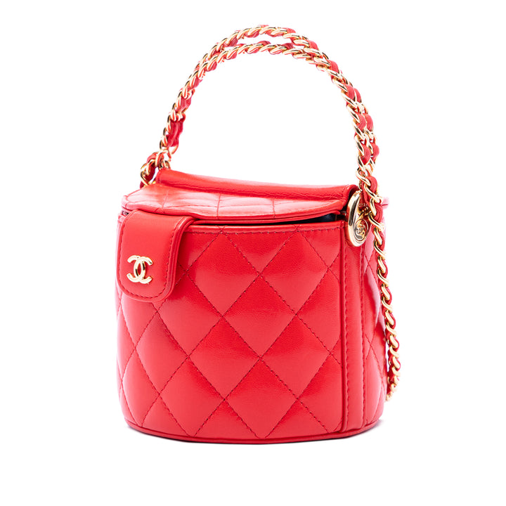Chanel CC Matelassé Rond Vanity avec chaîne Cuir d'agneau Rouge