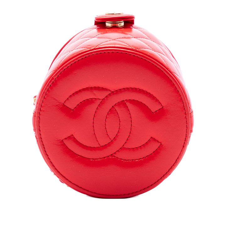 Chanel CC Matelassé Rond Vanity avec chaîne Cuir d'agneau Rouge