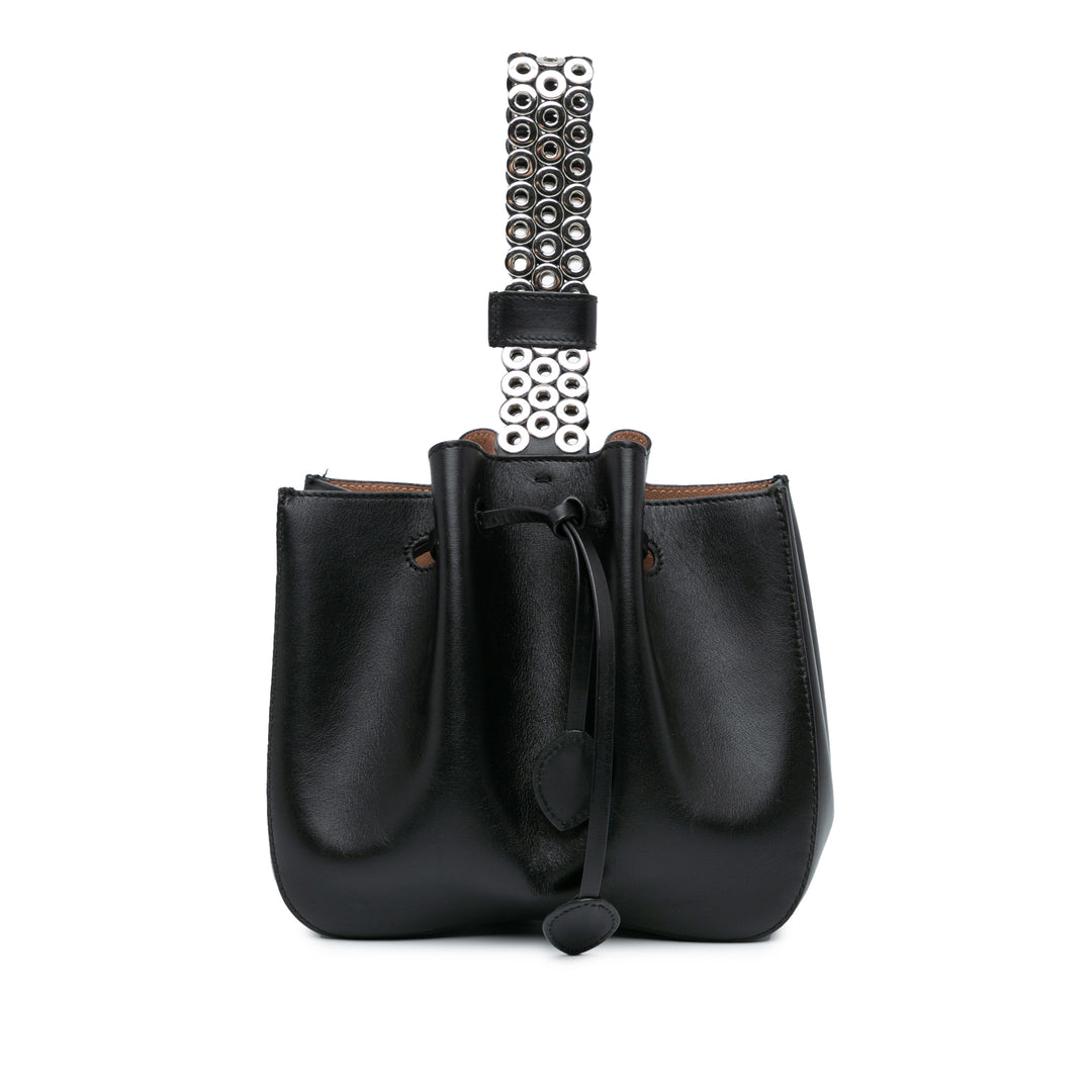 Calfskin Eyelet Bracelet Embellished Bucket Bag Black - Gaby Paris