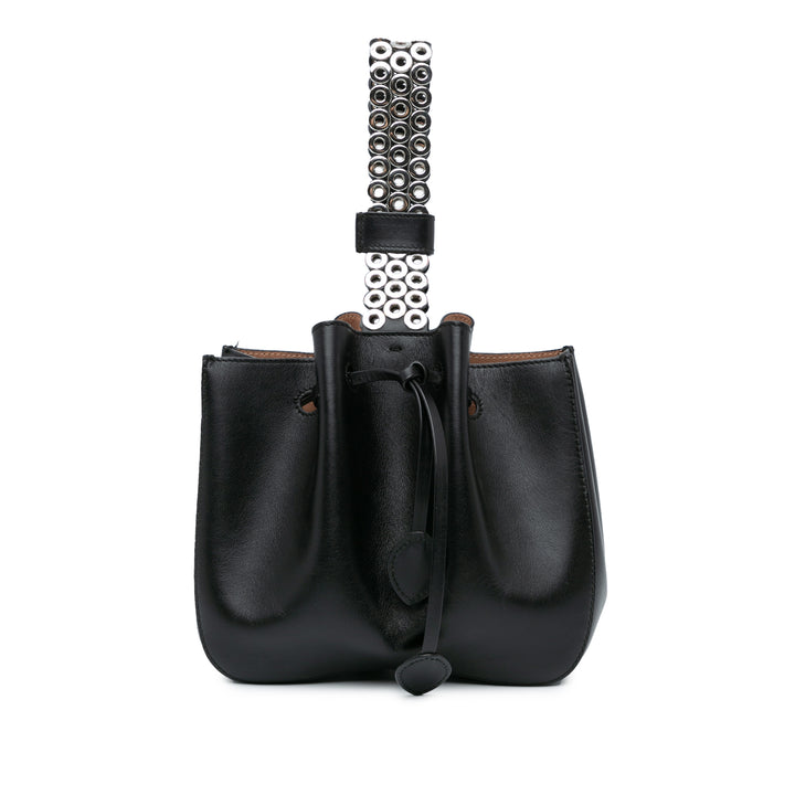 Calfskin Eyelet Bracelet Embellished Bucket Bag Black - Gaby Paris