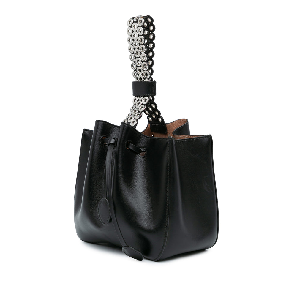 Calfskin Eyelet Bracelet Embellished Bucket Bag Black - Gaby Paris