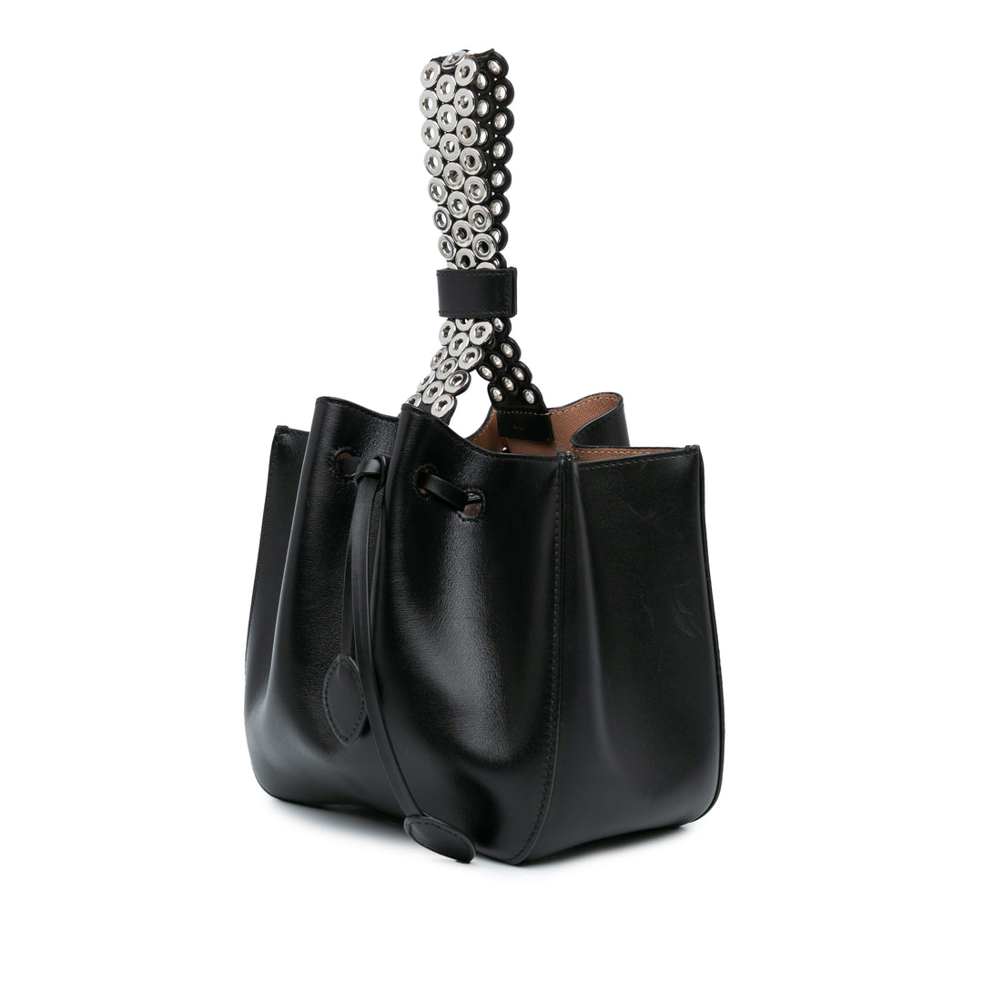 Calfskin Eyelet Bracelet Embellished Bucket Bag Black - Gaby Paris
