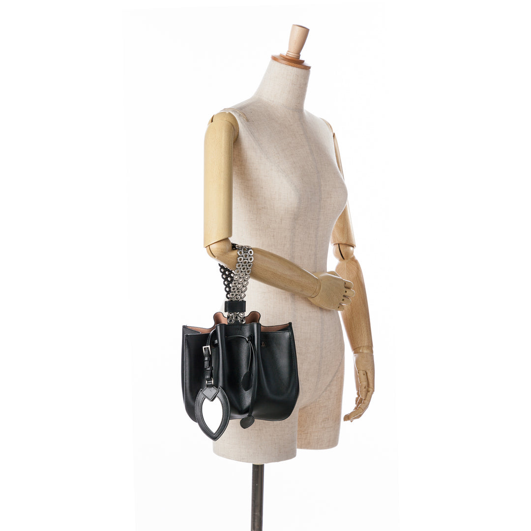 Calfskin Eyelet Bracelet Embellished Bucket Bag Black - Gaby Paris