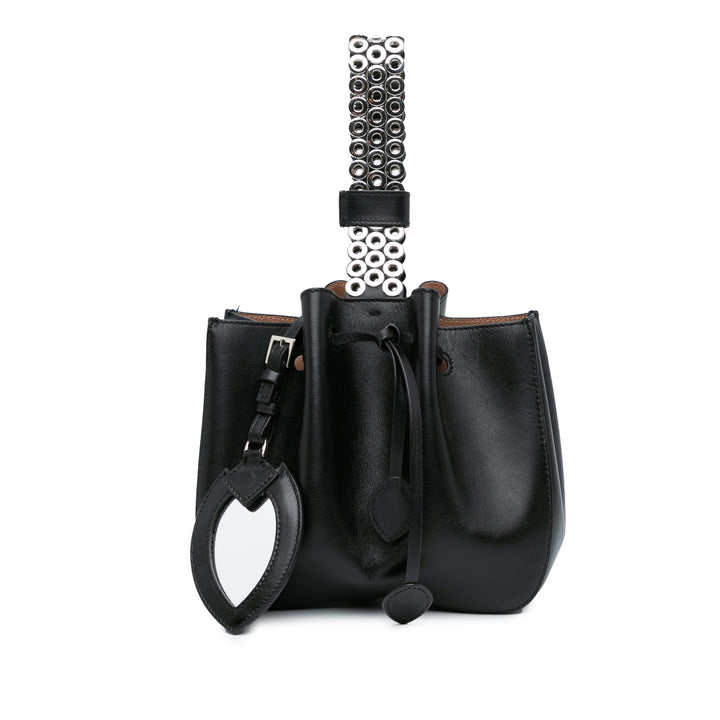 Calfskin Eyelet Bracelet Embellished Bucket Bag Black - Gaby Paris