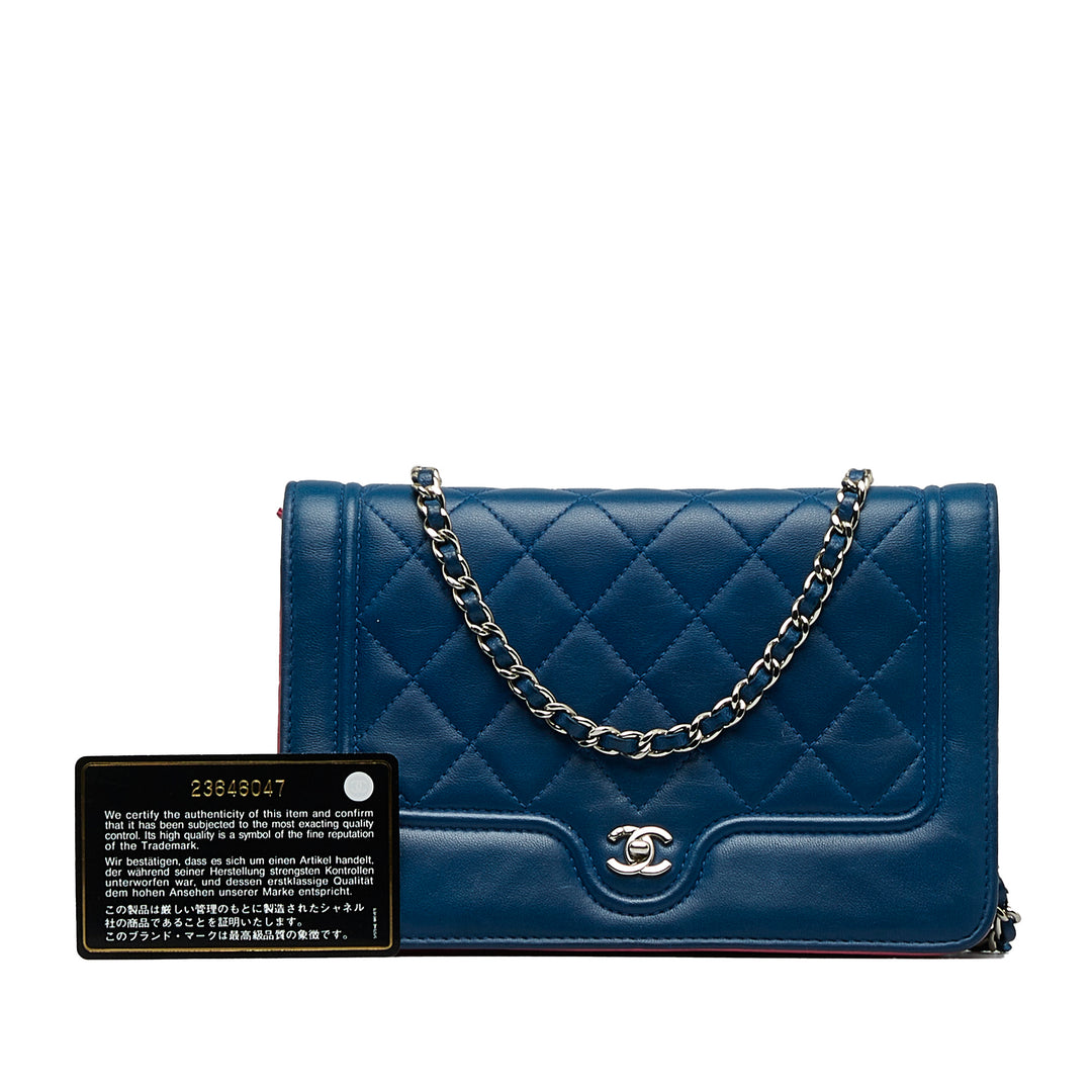 CC Quilted Lambskin Wallet On Chain Blue - Gaby Paris