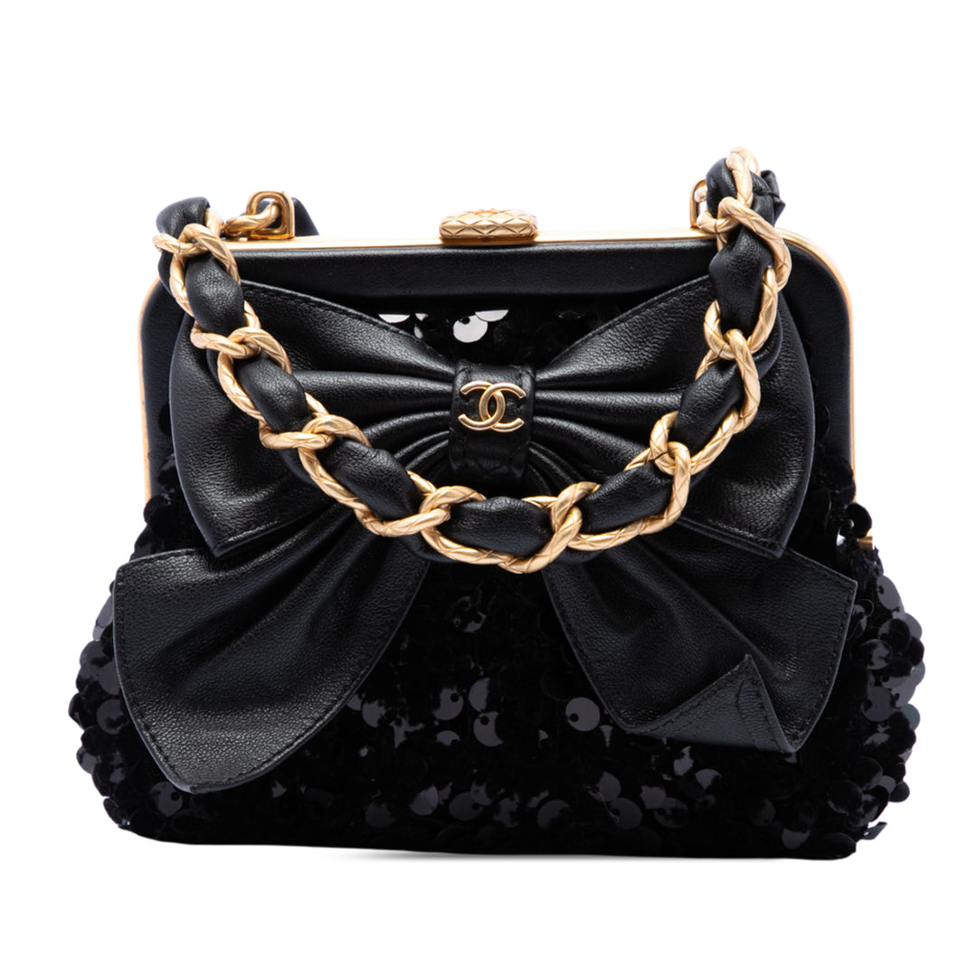 Chanel Sequins Bow Pochette avec chaîne Tweed Noir – vue principale – GABY PARIS