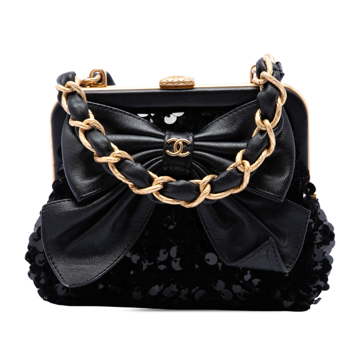 Chanel Sequins Bow Pochette avec chaîne Tweed Noir – vue principale – GABY PARIS