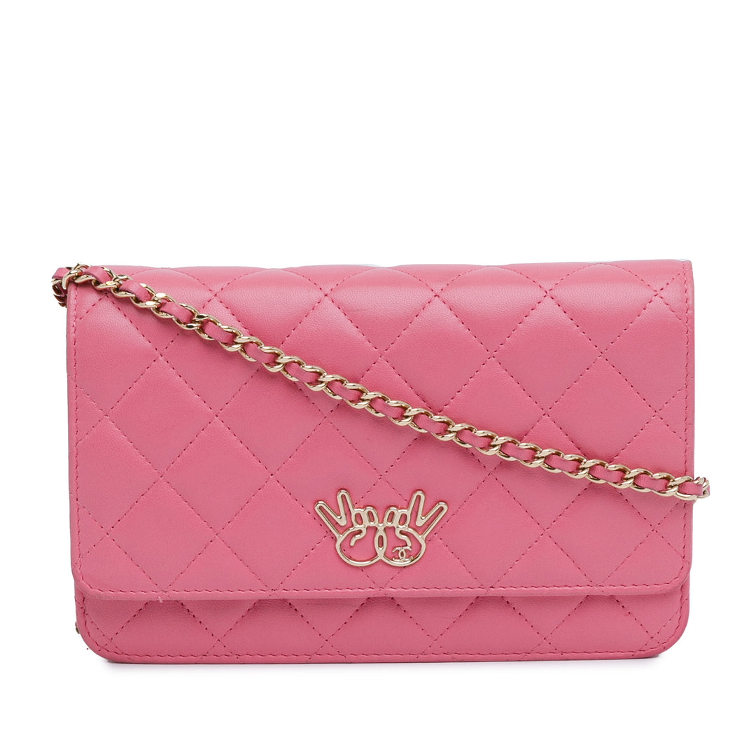 Quilted Lambskin Emoticon Wallet On Chain Pink - Gaby Paris