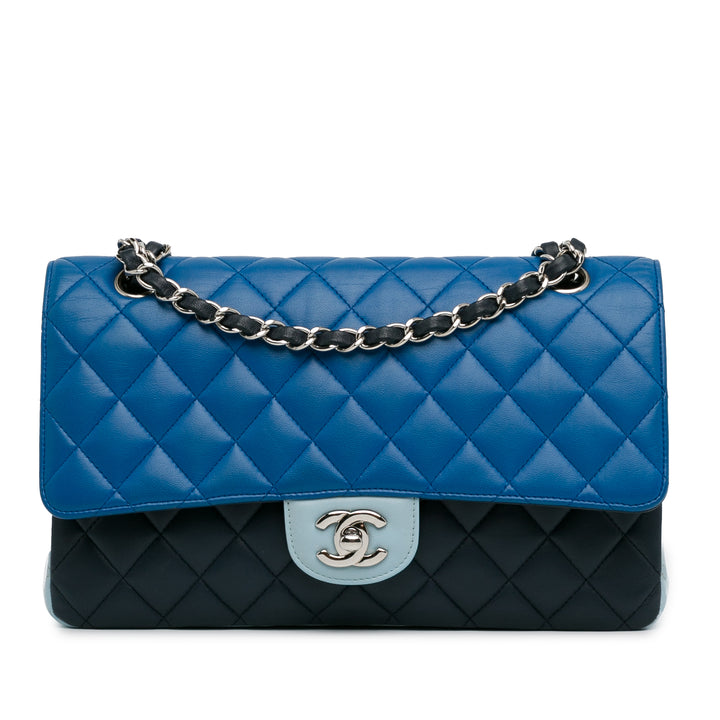 Medium Tricolor Lambskin Double Flap Blue - Gaby Paris