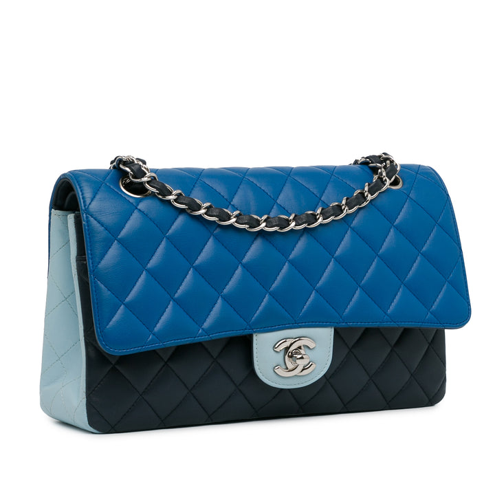 Medium Tricolor Lambskin Double Flap Blue - Gaby Paris