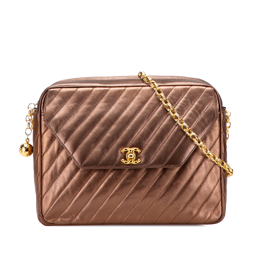 CC Diagonal Quilted Metallic Lambskin Camera Bag Brown - Gaby Paris