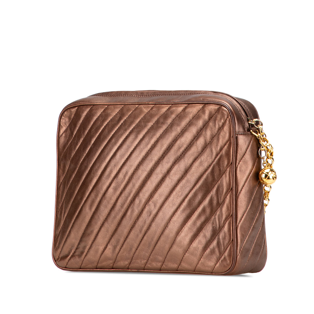 CC Diagonal Quilted Metallic Lambskin Camera Bag Brown - Gaby Paris