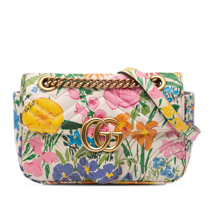 Ken Scott Mini GG Marmont Floral Printed Matelasse Leather Flap Crossbody White - Gaby Paris