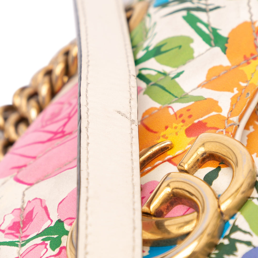 Ken Scott Mini GG Marmont Floral Printed Matelasse Leather Flap Crossbody White - Gaby Paris