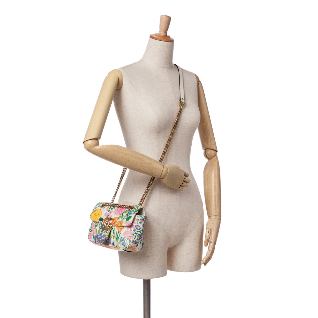 Ken Scott Mini GG Marmont Floral Printed Matelasse Leather Flap Crossbody White - Gaby Paris