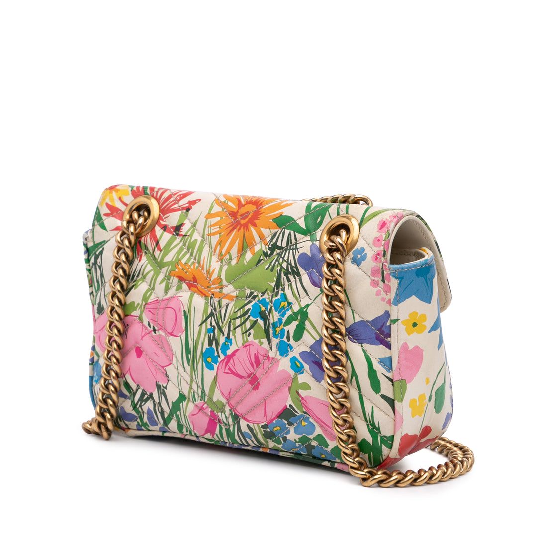 Ken Scott Mini GG Marmont Floral Printed Matelasse Leather Flap Crossbody White - Gaby Paris