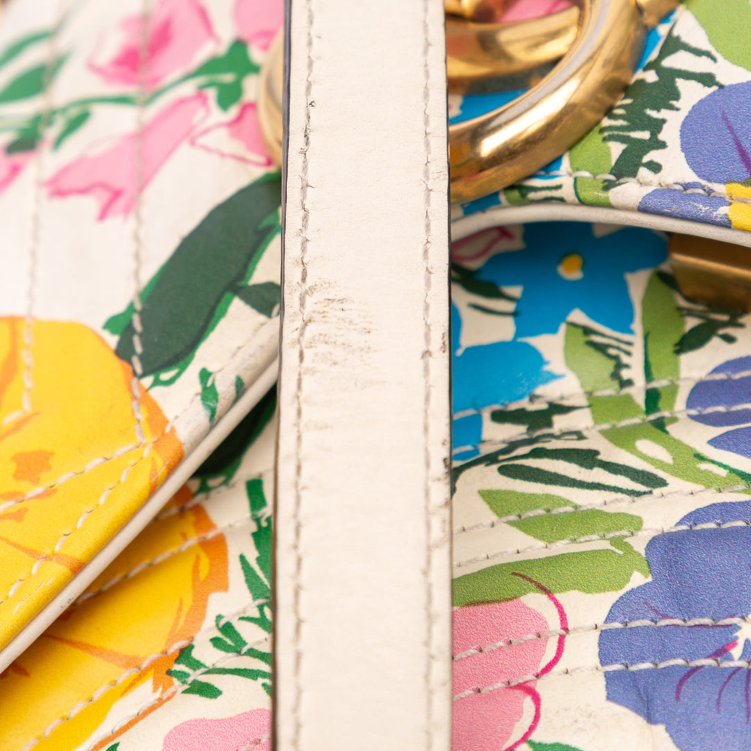 Ken Scott Mini GG Marmont Floral Printed Matelasse Leather Flap Crossbody White - Gaby Paris