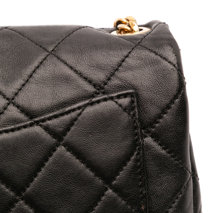 Small Quilted Lambskin Resin Pearl Chain Flap Black - Gaby Paris