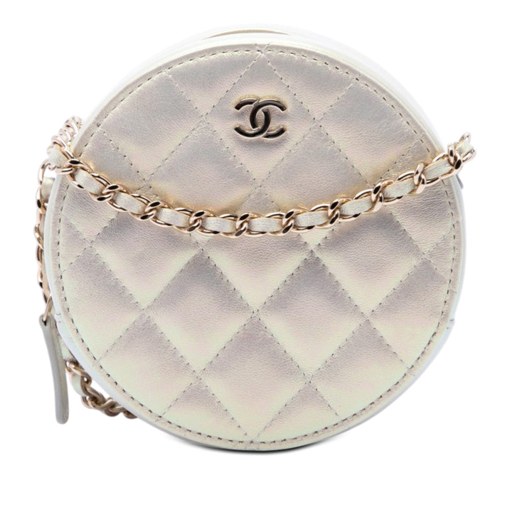 Chanel CC Matelassé Irisé Rond Pochette avec chaîne Cuir d'agneau
