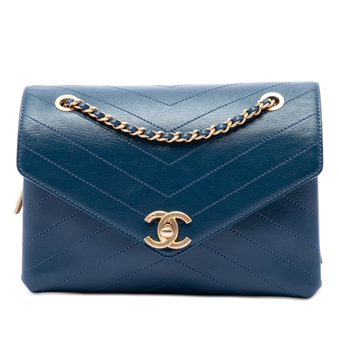 Chanel Chevron Enveloppe surpiquée à rabat Petit Cuir d'agneau