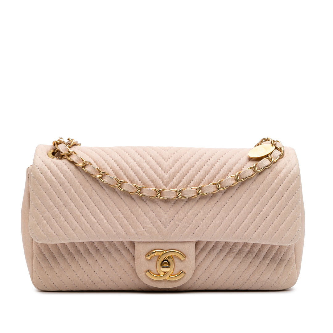 Medium Chevron Wrinkled Calfskin Medallion Charm Flap Brown - Gaby Paris