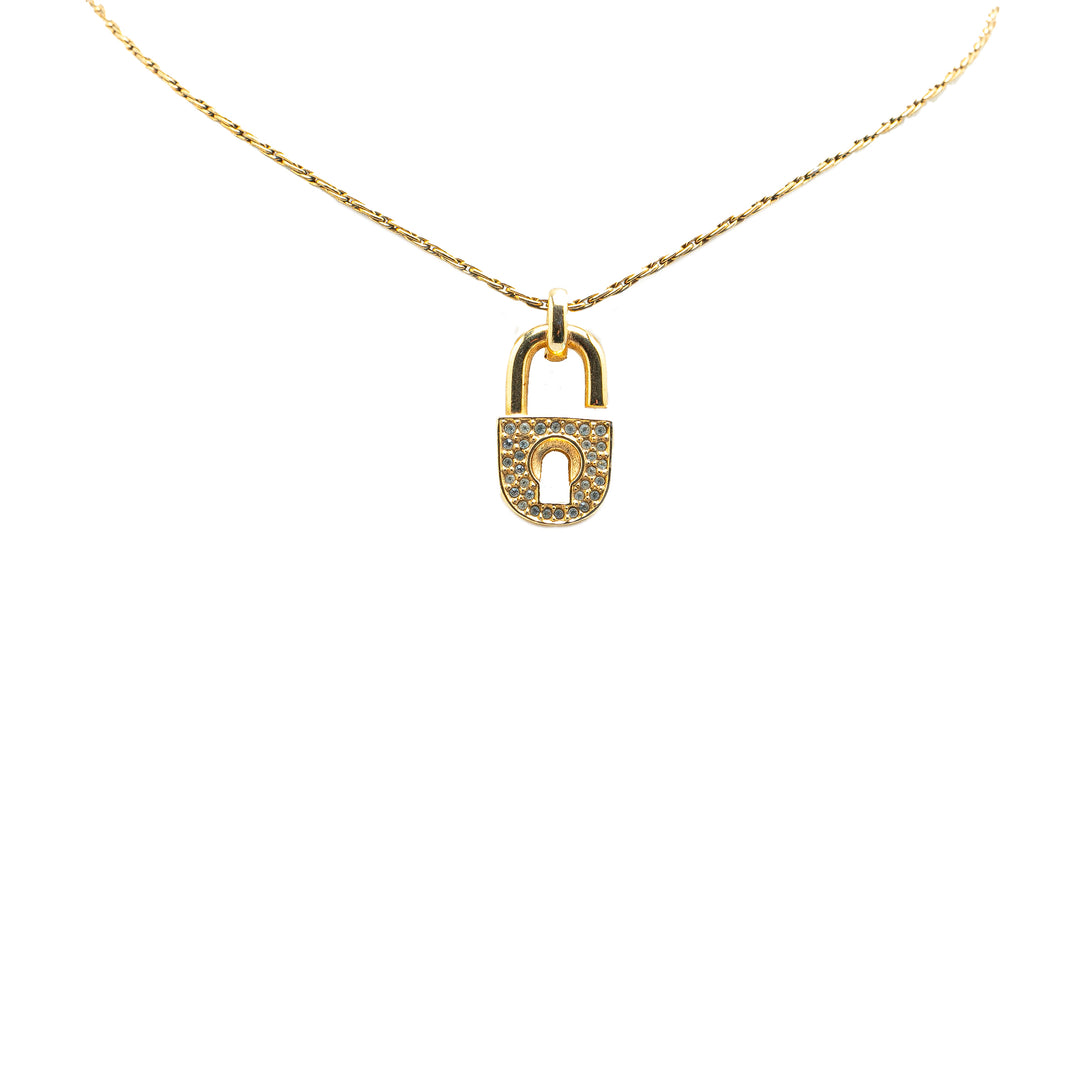 Gold Plated Rhinestones Padlock Pendant Necklace Gold - Gaby Paris