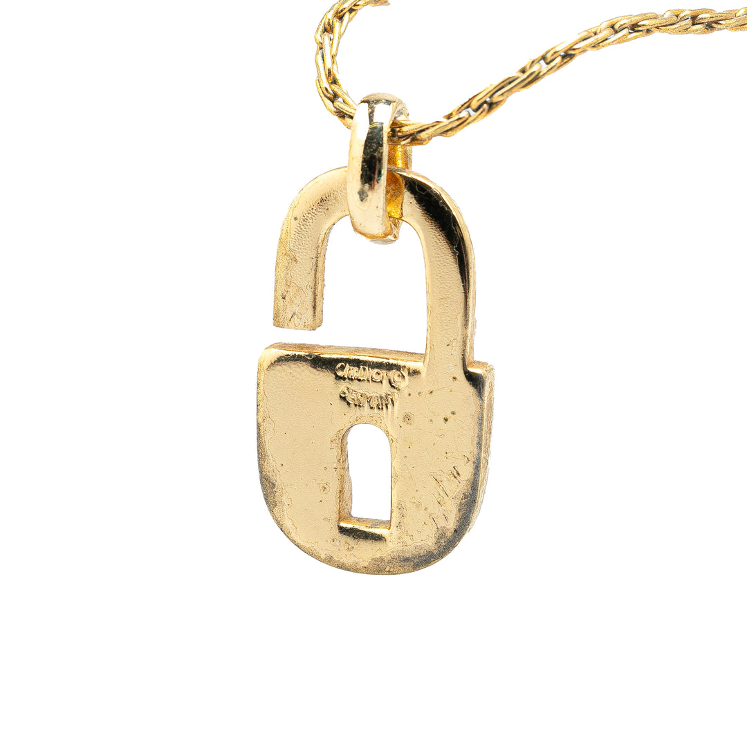 Gold Plated Rhinestones Padlock Pendant Necklace Gold - Gaby Paris