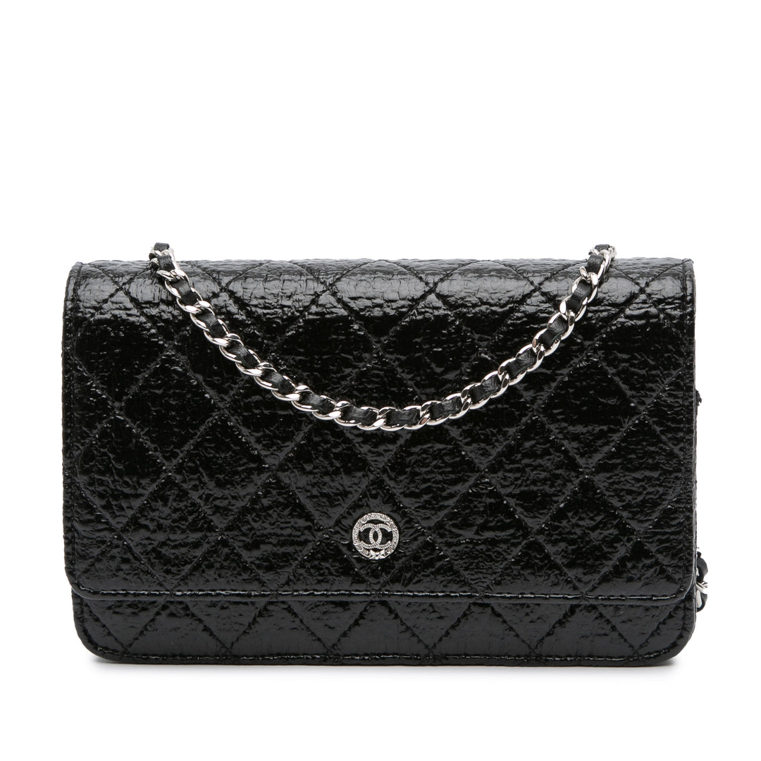 CC Quilted Crinkled Patent Wallet On Chain Black - Gaby Paris