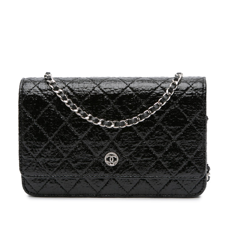 CC Quilted Crinkled Patent Wallet On Chain Black - Gaby Paris