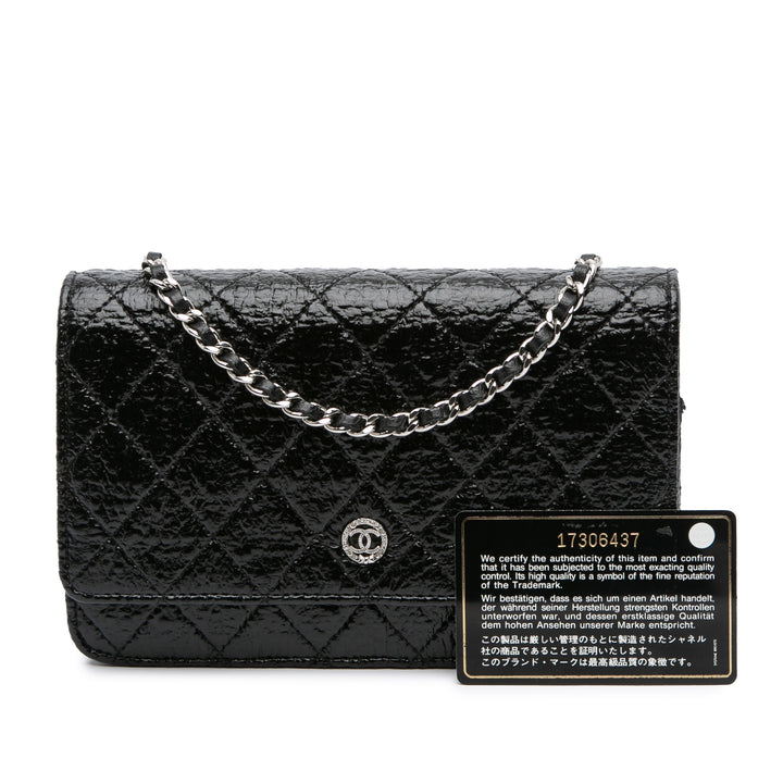 CC Quilted Crinkled Patent Wallet On Chain Black - Gaby Paris