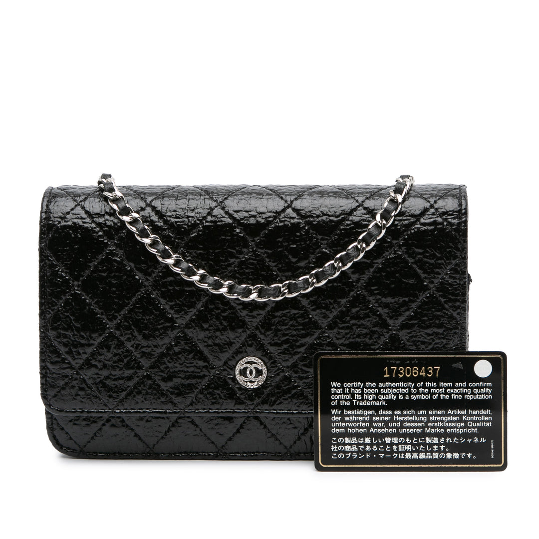 CC Quilted Crinkled Patent Wallet On Chain Black - Gaby Paris