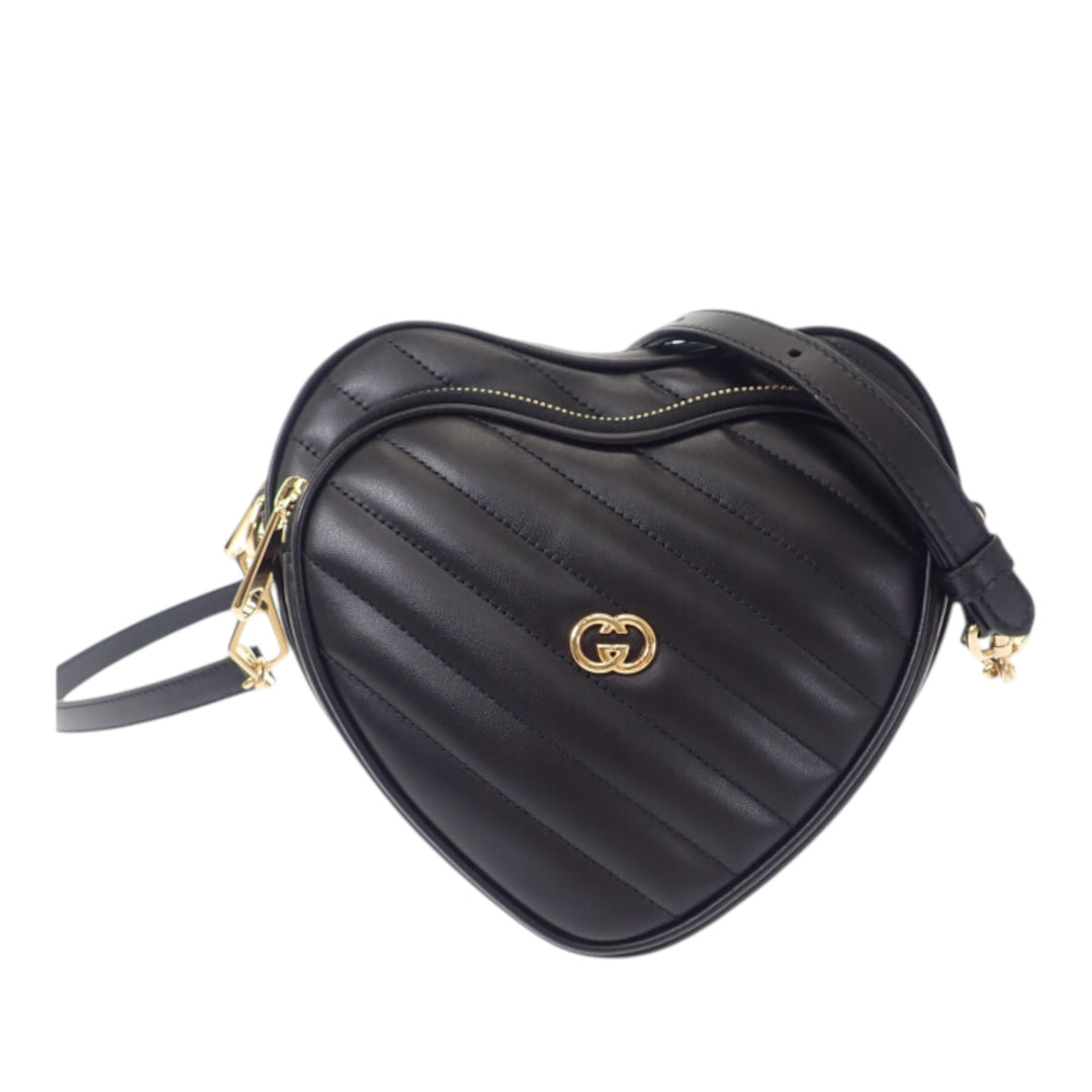 Matelasse Diagonal Interlocking G Heart Sac Mini Cuir de veau Noir