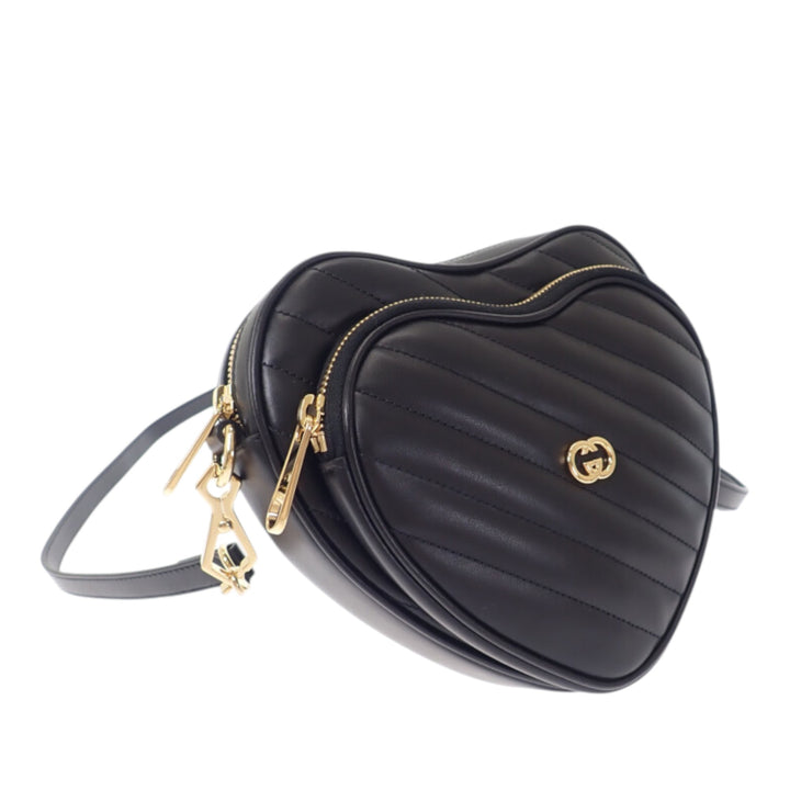 Matelasse Diagonal Interlocking G Heart Sac Mini Cuir de veau Noir