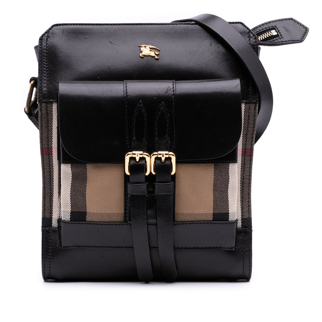 Leather and House Check Canvas Crossbody Black - Gaby Paris